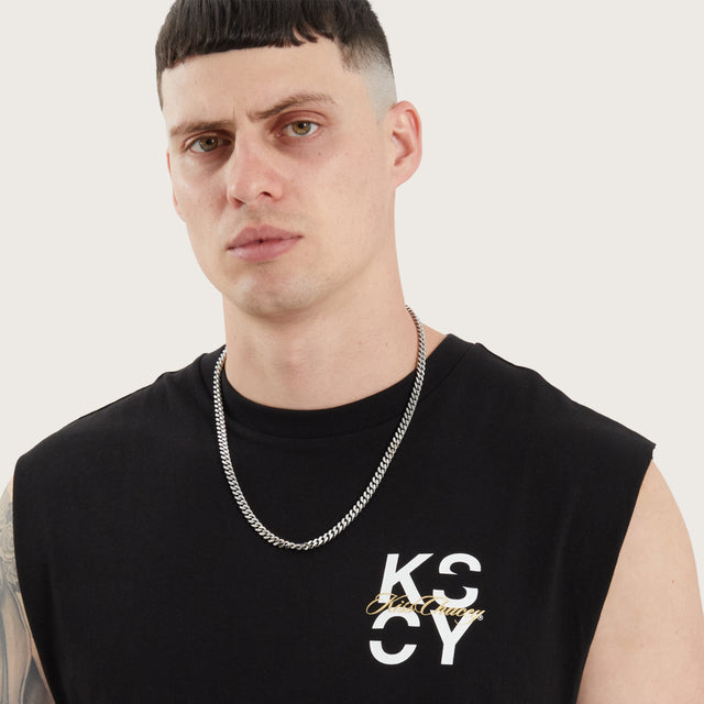 Model wears Tyrell Dual Curved Muscle Jet Black Muscle Tees in Black - Image 3