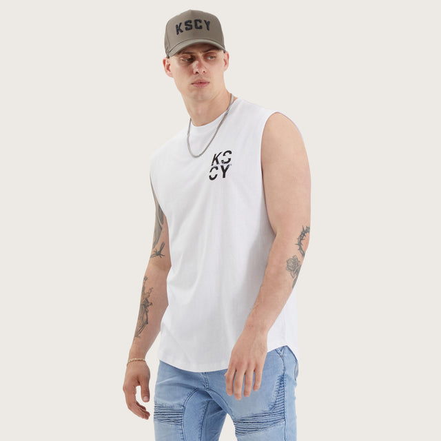Model wears Tyrell Dual Curved Muscle Optical White Muscle Tees in White - Image 2