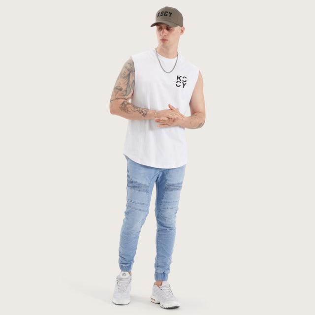 Model wears Tyrell Dual Curved Muscle Optical White Muscle Tees in White - Image 5