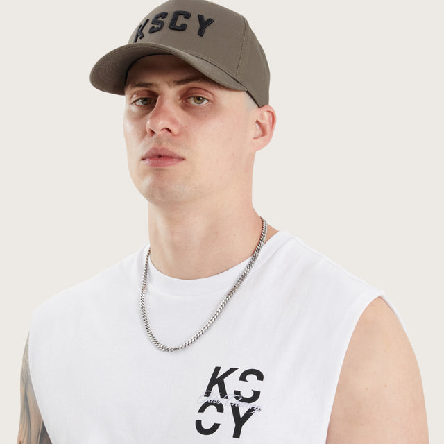 Model wears Tyrell Dual Curved Muscle Optical White Muscle Tees in White - Image 3