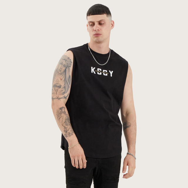 Model wears Divided Dual Curved Muscle Jet Black Muscle Tees in Black - Image 1