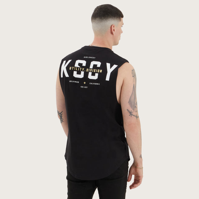 Model wears Divided Dual Curved Muscle Jet Black Muscle Tees in Black - Image 2