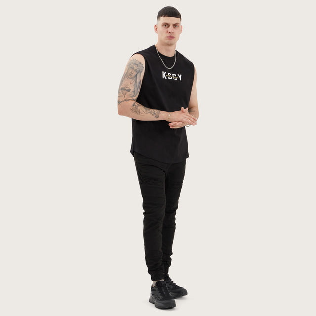 Model wears Divided Dual Curved Muscle Jet Black Muscle Tees in Black - Image 4