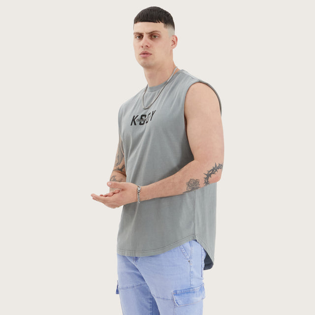 Model wears Divided Dual Curved Muscle Pigment Neutral Grey Muscle Tees in Grey - Image 2
