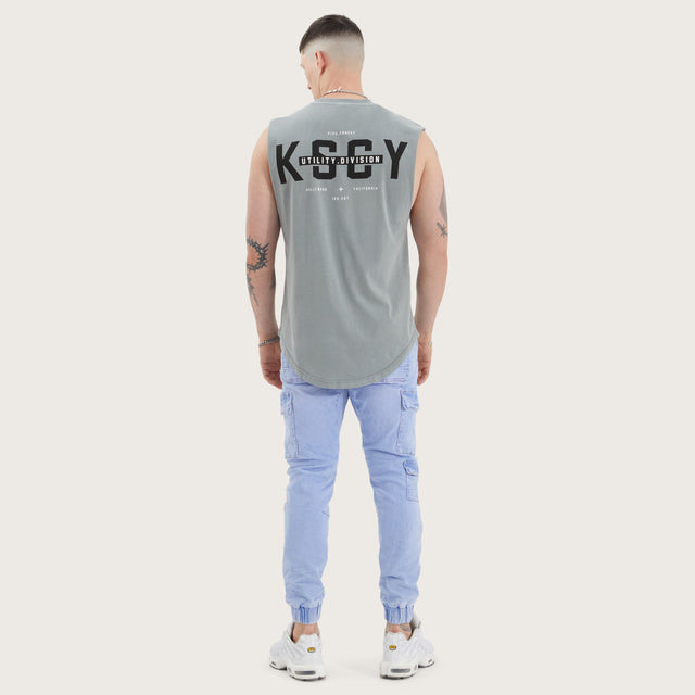 Model wears Divided Dual Curved Muscle Pigment Neutral Grey Muscle Tees in Grey - Image 5