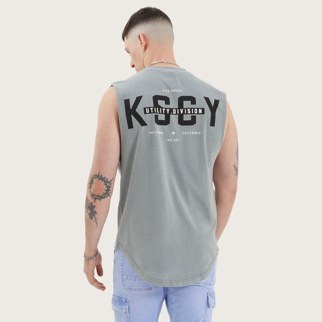 Model wears Divided Dual Curved Muscle Pigment Neutral Grey Muscle Tees in Grey - Image 1