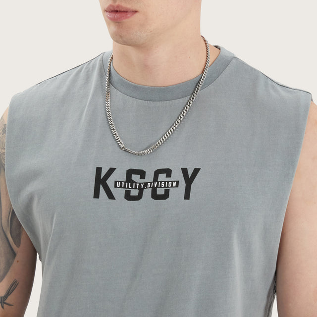 Model wears Divided Dual Curved Muscle Pigment Neutral Grey Muscle Tees in Grey - Image 3