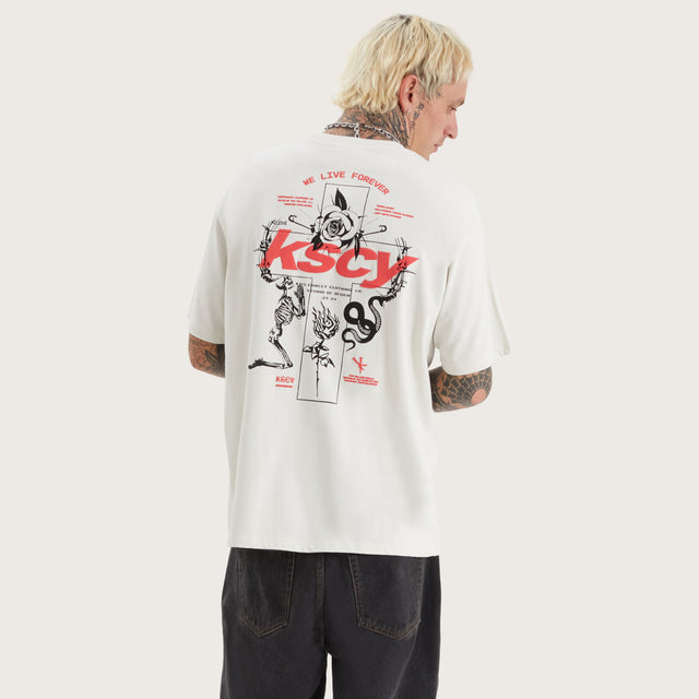 Model wears Echo Box Fit Tee Nimbus Cloud T-Shirts in Grey - Image 2