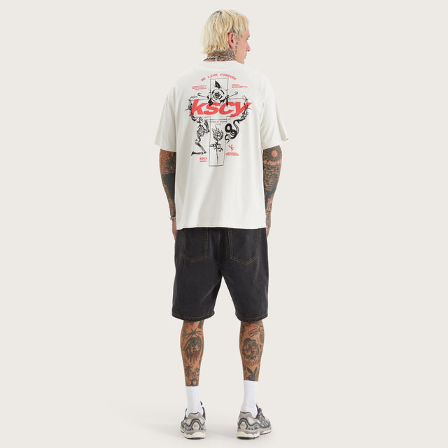 Model wears Echo Box Fit Tee Nimbus Cloud T-Shirts in Grey - Image 4