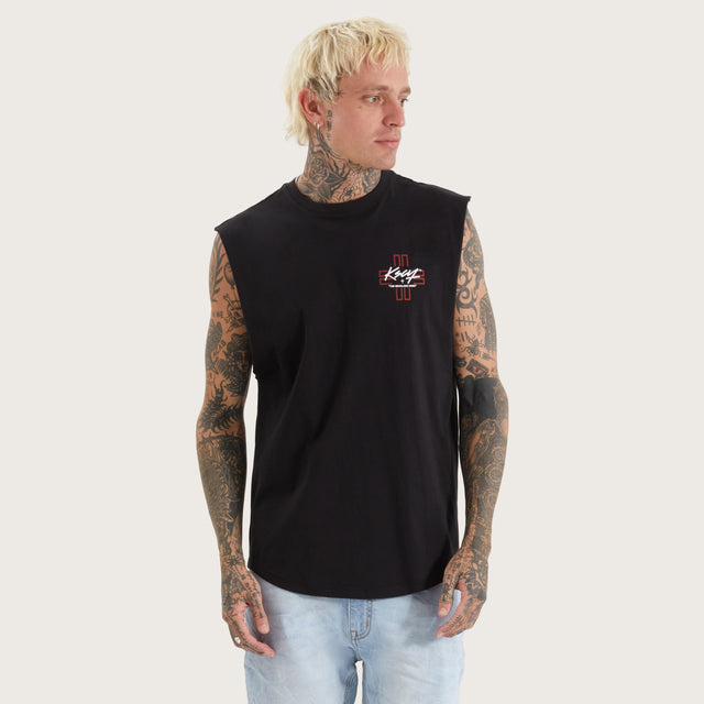 Model wears Ridgmont Dual Curved Muscle Jet Black Muscle Tees in Black - Image 1