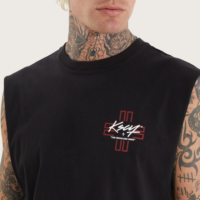 Model wears Ridgmont Dual Curved Muscle Jet Black Muscle Tees in Black - Image 3