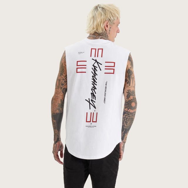 Model wears Ridgmont Dual Curved Muscle Optical White Muscle Tees in White - Image 2