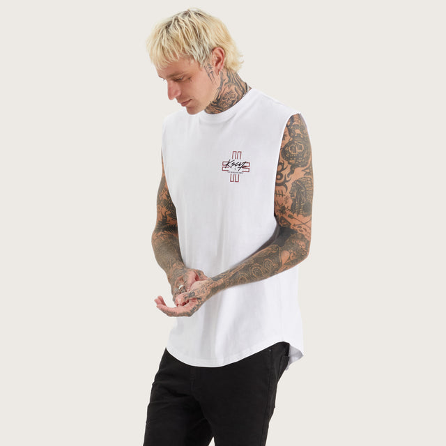 Model wears Ridgmont Dual Curved Muscle Optical White Muscle Tees in White - Image 1
