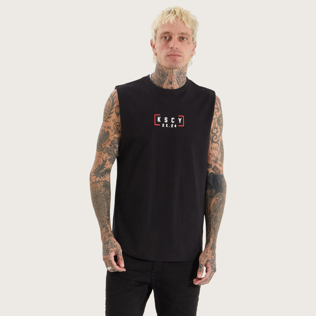 Model wears Salford Dual Curved Muscle Jet Black Muscle Tees in Black - Image 2