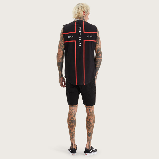 Model wears Salford Dual Curved Muscle Jet Black Muscle Tees in Black - Image 5