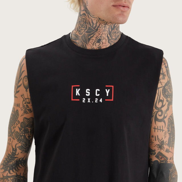 Model wears Salford Dual Curved Muscle Jet Black Muscle Tees in Black - Image 3