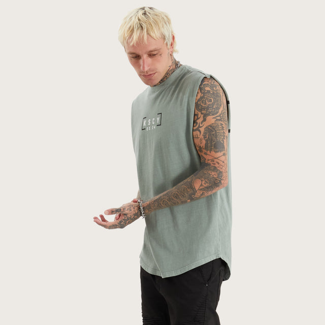 Model wears Salford Dual Curved Muscle Pigment Slate Grey Muscle Tees in Grey - Image 2