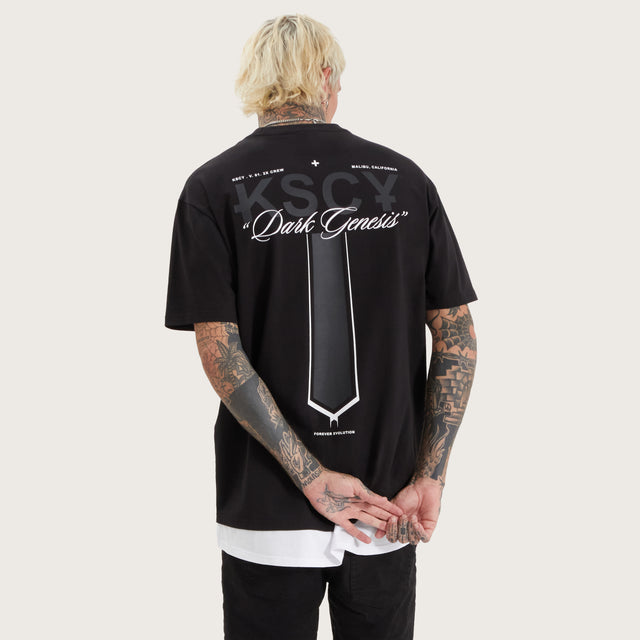Model wears Celtic Box Fit Layer Tee Jet Black T-Shirts in Black - Image 1