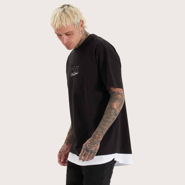 Model wears Celtic Box Fit Layer Tee Jet Black T-Shirts in Black - Image 2