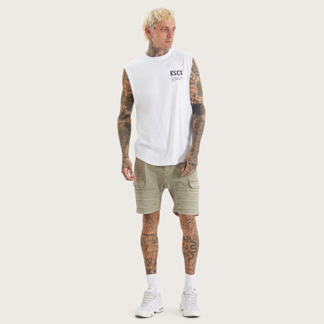 Model wears Harmon Dual Curved Muscle Optical White Muscle Tees in White - Image 5