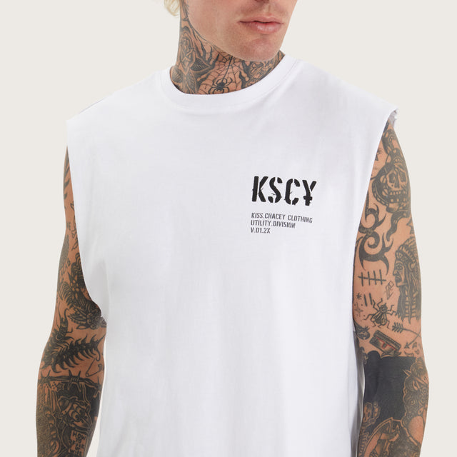 Model wears Harmon Dual Curved Muscle Optical White Muscle Tees in White - Image 3