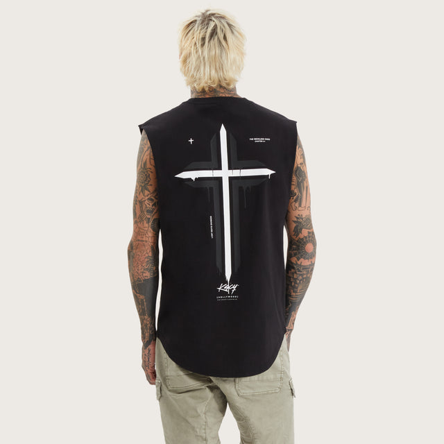 Model wears Leysters Dual Curved Muscle Jet Black Muscle Tees in Black - Image 1