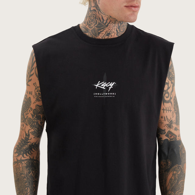 Model wears Leysters Dual Curved Muscle Jet Black Muscle Tees in Black - Image 3