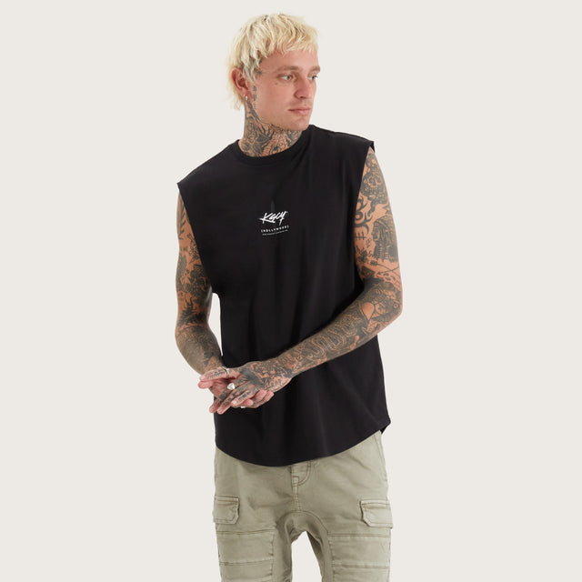 Model wears Leysters Dual Curved Muscle Jet Black Muscle Tees in Black - Image 2