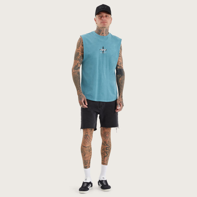 Model wears Leysters Dual Curved Muscle Pigment Brittany Blue Muscle Tees in Blue - Image 6