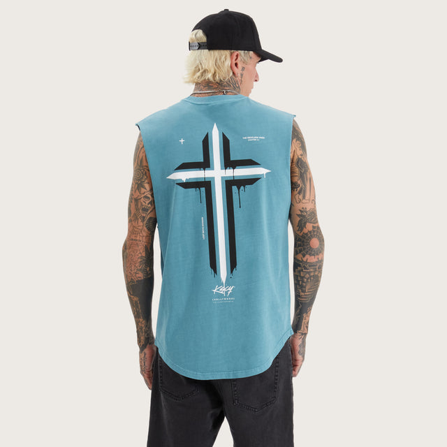 Model wears Leysters Dual Curved Muscle Pigment Brittany Blue Muscle Tees in Blue - Image 4