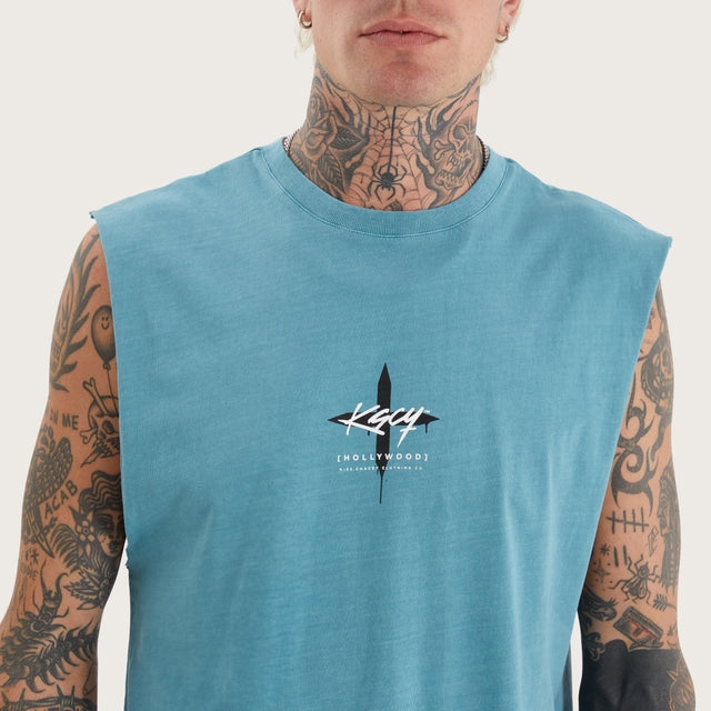 Model wears Leysters Dual Curved Muscle Pigment Brittany Blue Muscle Tees in Blue - Image 5