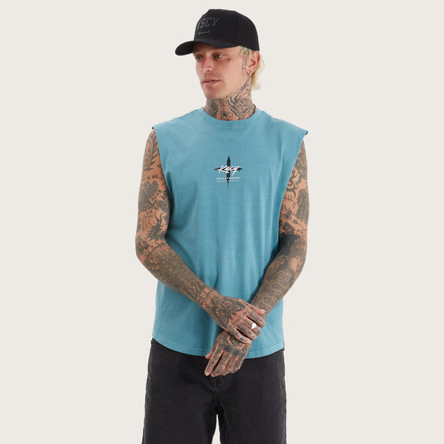 Model wears Leysters Dual Curved Muscle Pigment Brittany Blue Muscle Tees in Blue - Image 3