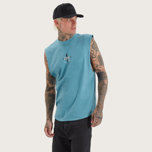 Model wears Leysters Dual Curved Muscle Pigment Brittany Blue Muscle Tees in Blue - Image 1