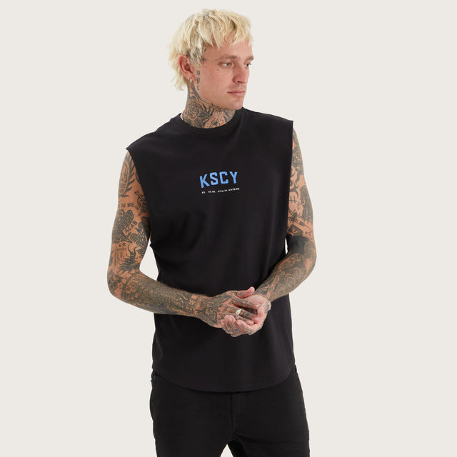 Model wears Nebo Dual Curved Muscle Jet Black Muscle Tees in Black - Image 2