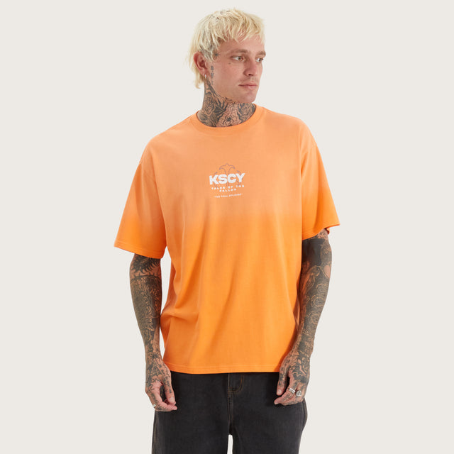 Model wears Cuffern Box Fit Tee Nectarine T-Shirts in Orange - Image 1