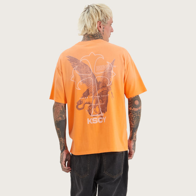 Model wears Cuffern Box Fit Tee Nectarine T-Shirts in Orange - Image 2