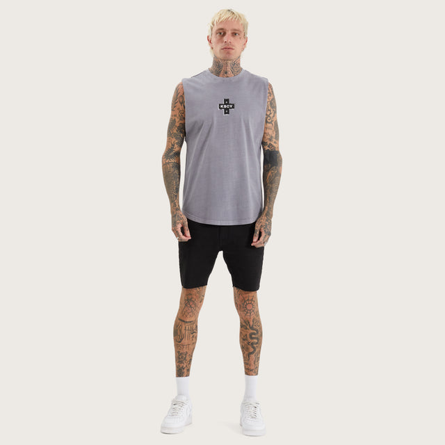 Model wears Overton Dual Curved Muscle Pigment Sky Rocket Muscle Tees in Grey - Image 5