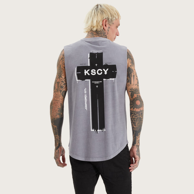 Model wears Overton Dual Curved Muscle Pigment Sky Rocket Muscle Tees in Grey - Image 2