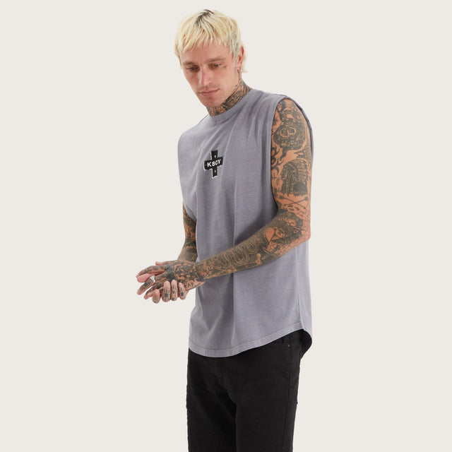 Model wears Overton Dual Curved Muscle Pigment Sky Rocket Muscle Tees in Grey - Image 1