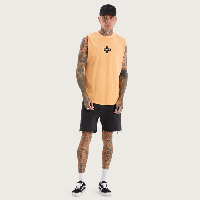 Model wears Overton Dual Curved Muscle Pigment Salmon Buff Muscle Tees in Orange - Image 7