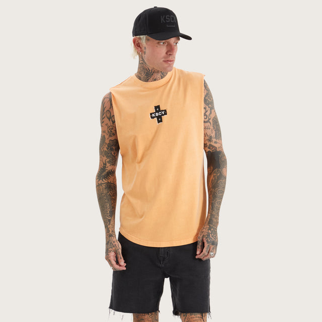 Model wears Overton Dual Curved Muscle Pigment Salmon Buff Muscle Tees in Orange - Image 1