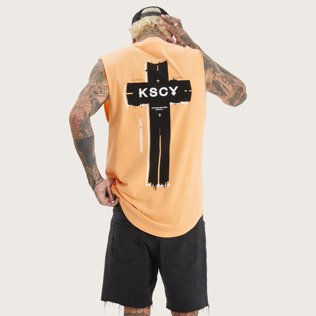 Model wears Overton Dual Curved Muscle Pigment Salmon Buff Muscle Tees in Orange - Image 3