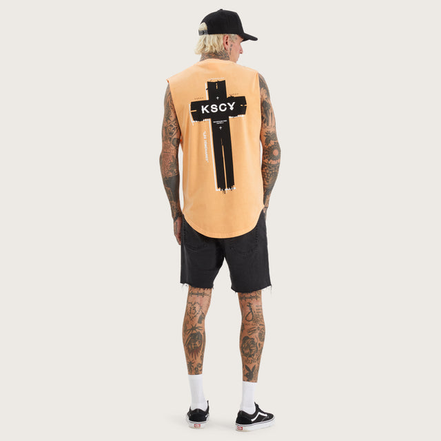 Model wears Overton Dual Curved Muscle Pigment Salmon Buff Muscle Tees in Orange - Image 6