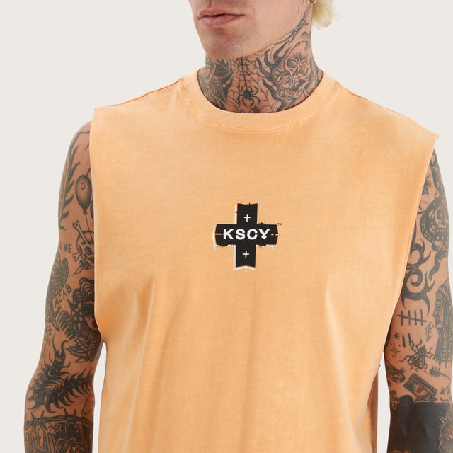 Model wears Overton Dual Curved Muscle Pigment Salmon Buff Muscle Tees in Orange - Image 4