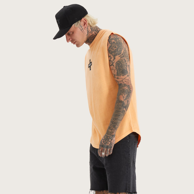 Model wears Overton Dual Curved Muscle Pigment Salmon Buff Muscle Tees in Orange - Image 5