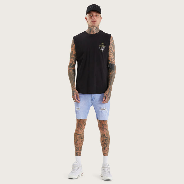 Model wears Principate Dual Curved Muscle Jet Back Muscle Tees in Black - Image 5