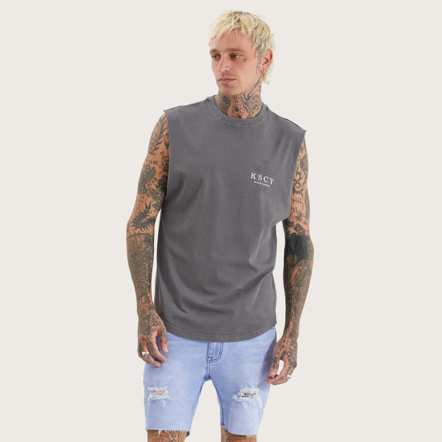 Model wears Principate Dual Curved Muscle Pigment Quiet Shade Muscle Tees in Grey - Image 1