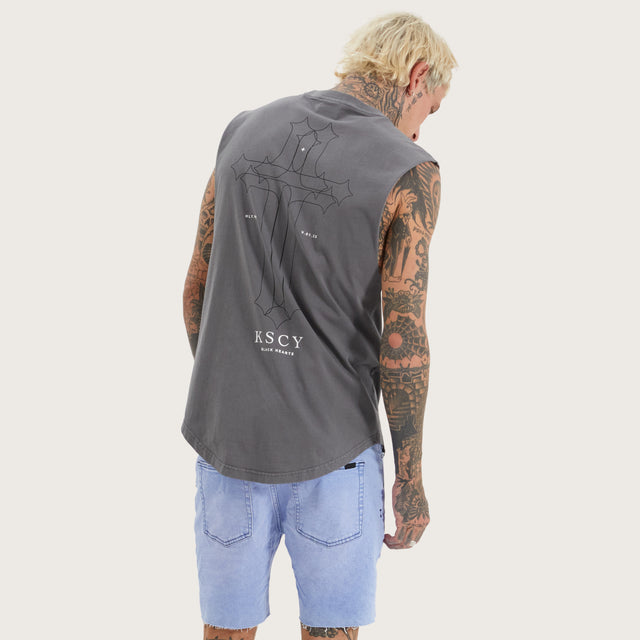 Model wears Principate Dual Curved Muscle Pigment Quiet Shade Muscle Tees in Grey - Image 2