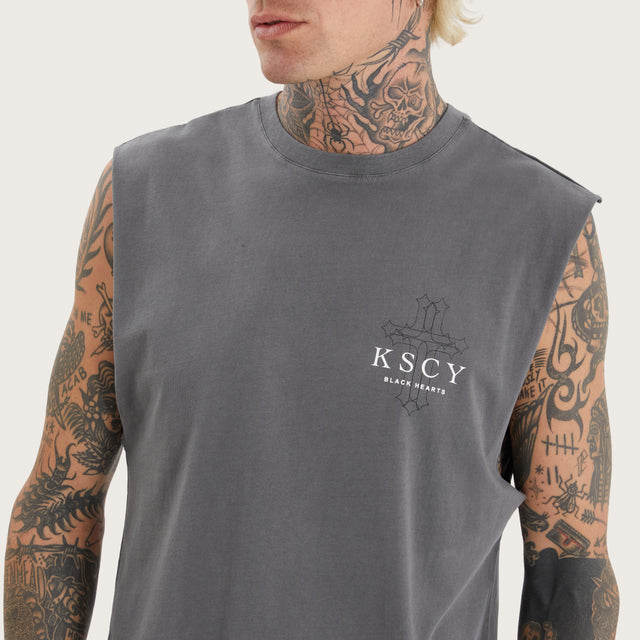 Model wears Principate Dual Curved Muscle Pigment Quiet Shade Muscle Tees in Grey - Image 3