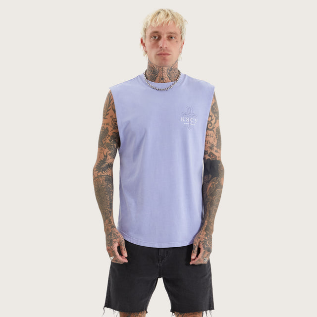 Model wears Principate Dual Curved Muscle Pigment Thistle Down Muscle Tees in Purple - Image 1